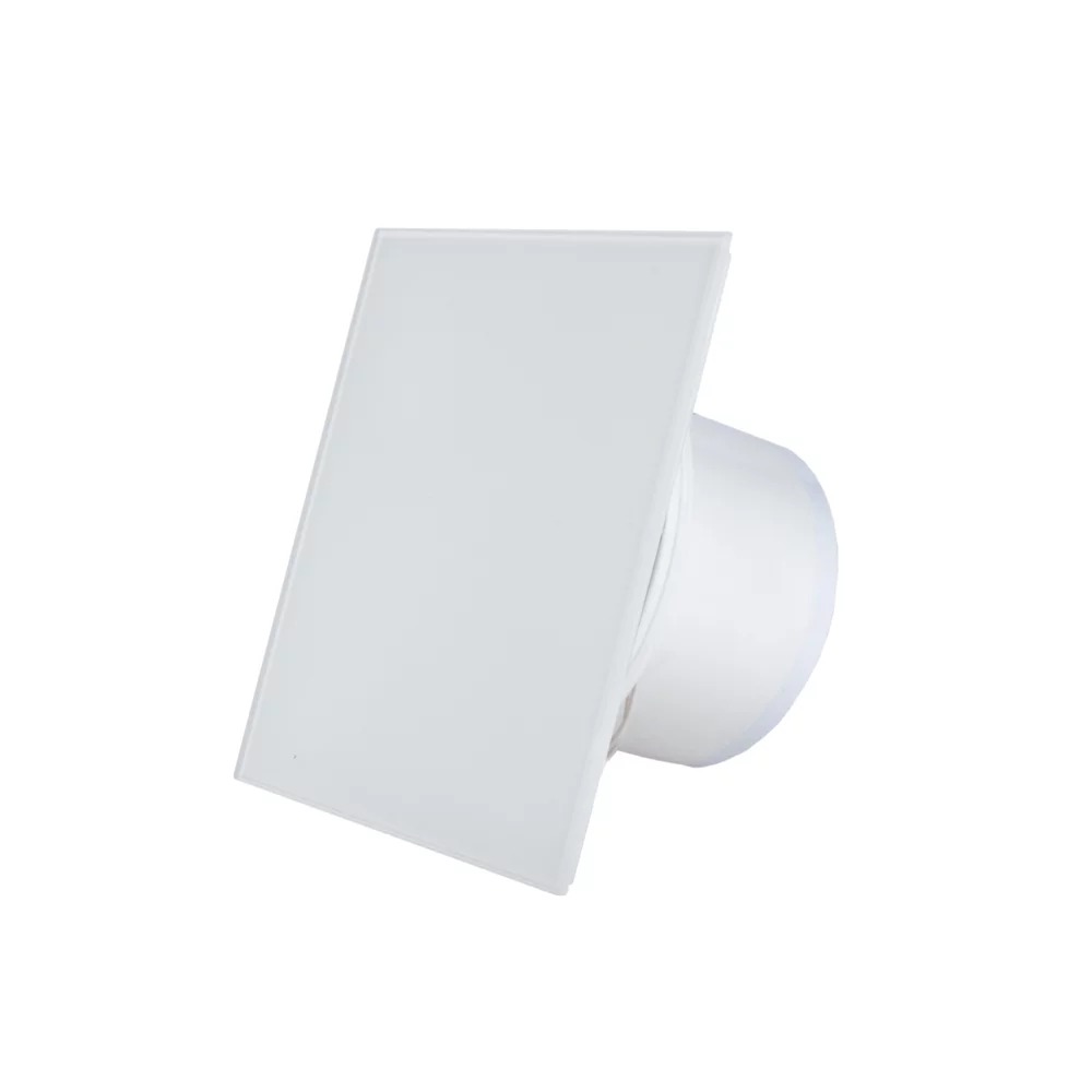 Ventilator diam 100mm placa frontala sticla alb, clapeta antiretur, silentios si consum redus 100mc/h